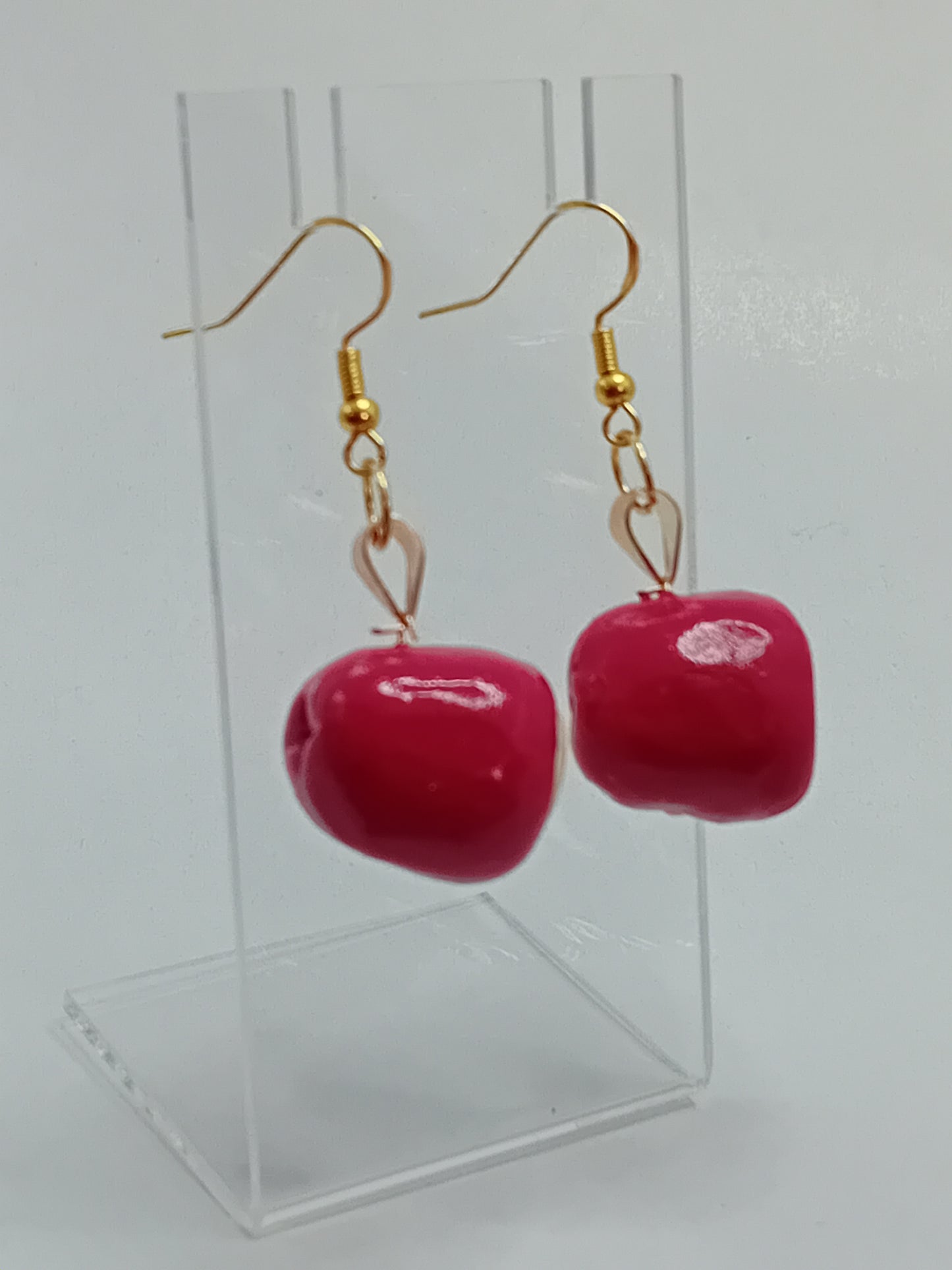 Sweet mini stuffed red pepper dangle earrings handmade from polymer clay (gold).