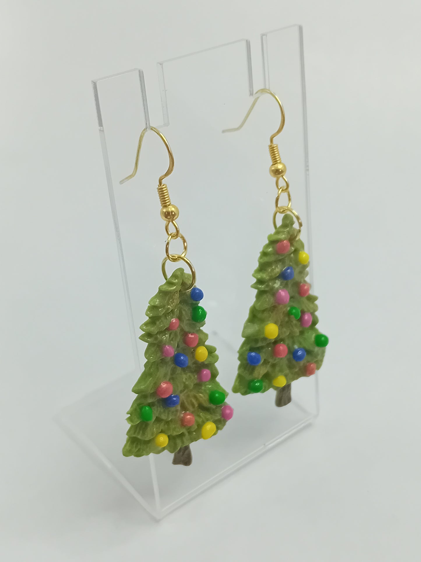 Lightweight premier Christmas Tree polymer clay earrings with gold dangle fixings, hypoallergenic.
