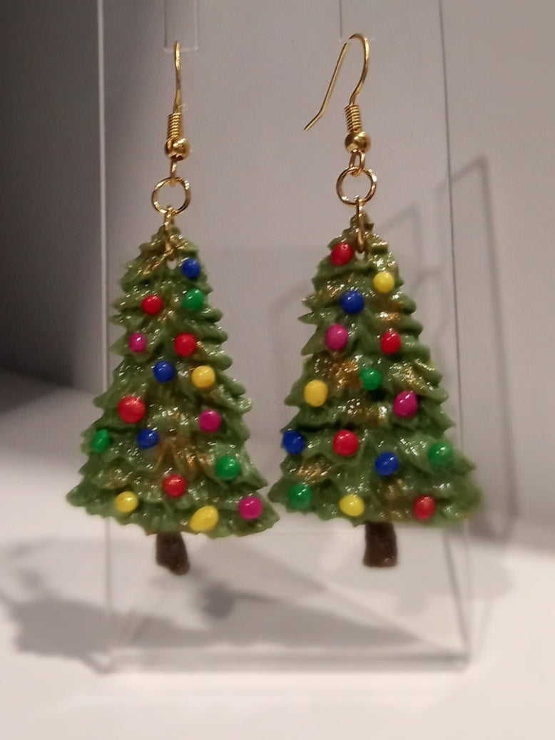 Lightweight premier Christmas Tree polymer clay earrings with gold dangle fixings, hypoallergenic.