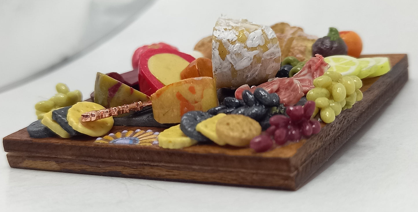 1:12 Scale Charcuterie selection on a wooden board, cheese ,meats, eggs, bread & crackers