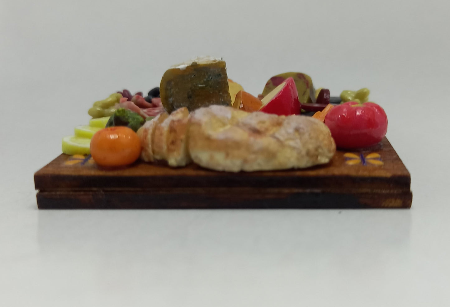 1:12 Scale Charcuterie selection on a wooden board, cheese ,meats, eggs, bread & crackers