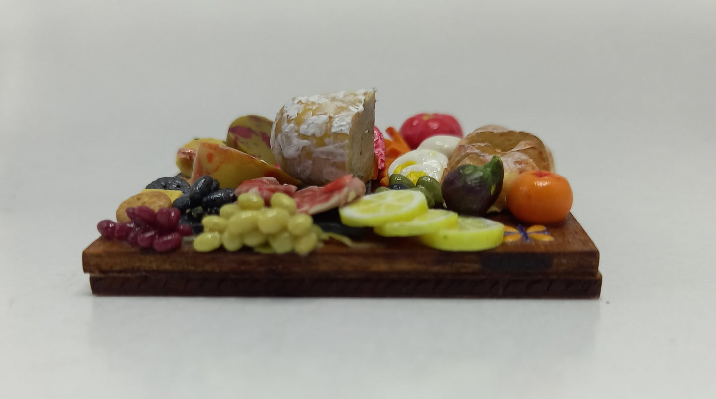 1:12 Scale Charcuterie selection on a wooden board, cheese ,meats, eggs, bread & crackers