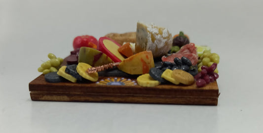 1:12 Scale Charcuterie selection on a wooden board, cheese ,meats, eggs, bread & crackers
