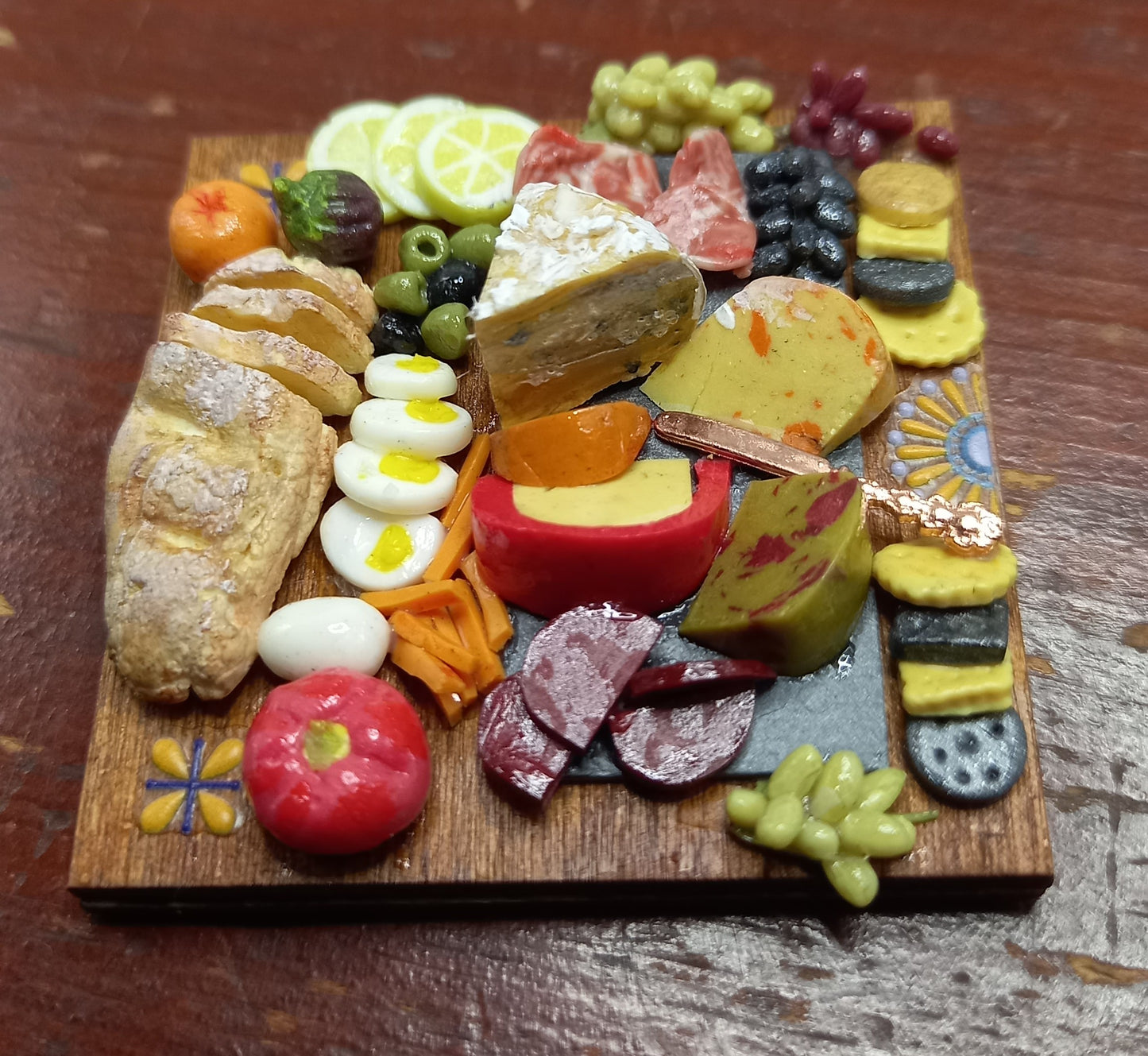 1:12 Scale Charcuterie selection on a wooden board, cheese ,meats, eggs, bread & crackers