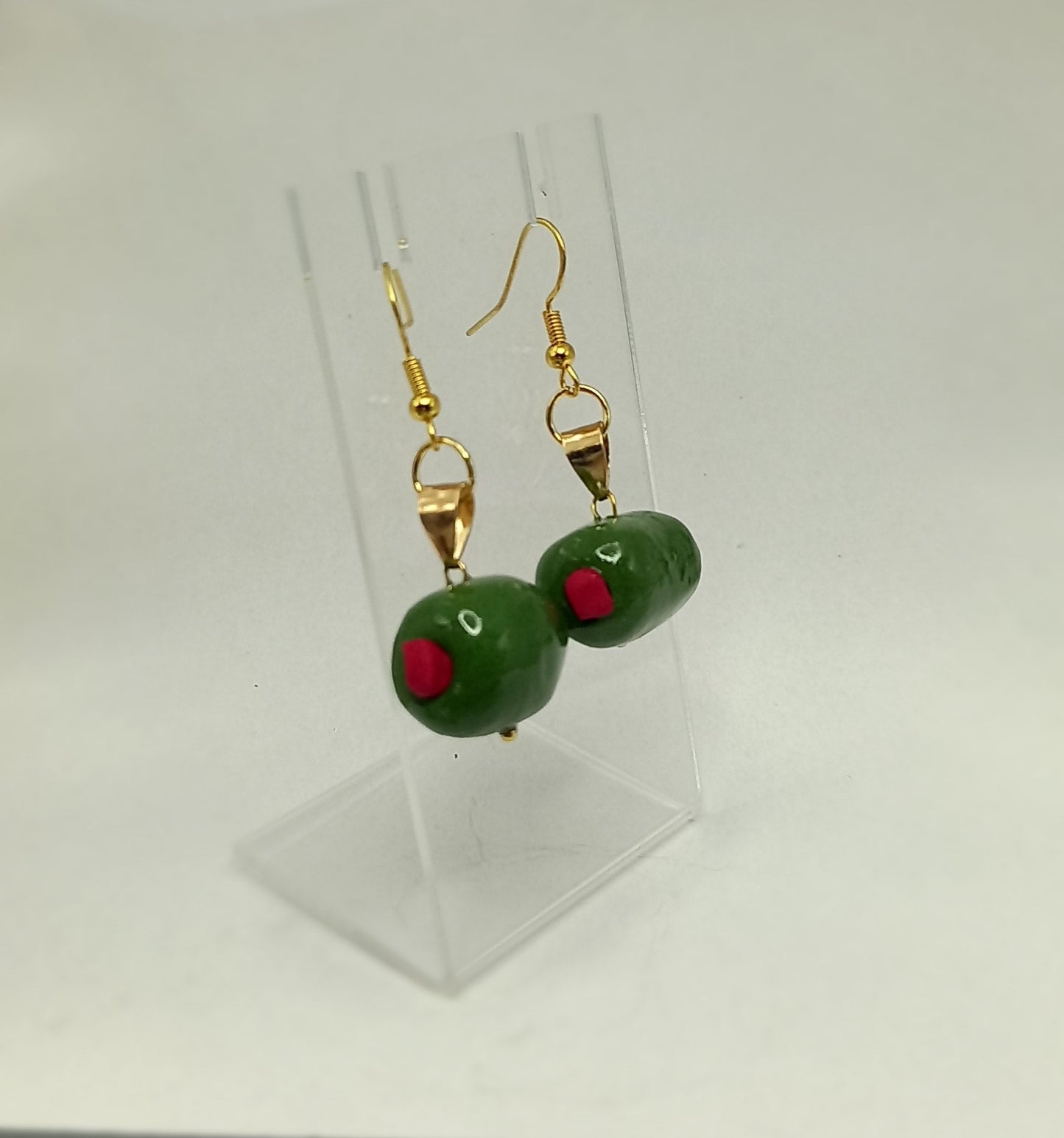 Polymer clay mini foods; Green, Olives, Black olives & Sweet mini stuffed red pepper  dangle earrings handmade from polymer clay (gold).