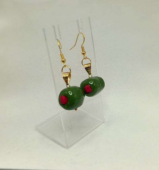 Polymer clay mini foods; Green, Olives, Black olives & Sweet mini stuffed red pepper  dangle earrings handmade from polymer clay (gold).