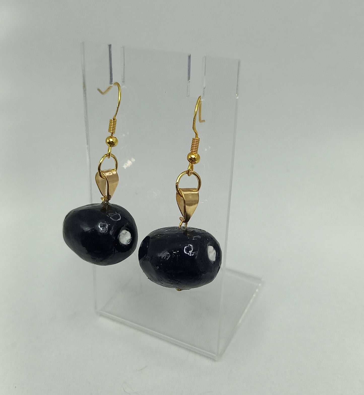 Polymer clay mini foods; Green, Olives, Black olives & Sweet mini stuffed red pepper  dangle earrings handmade from polymer clay (gold).