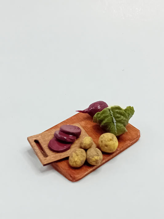 1:12 Scale polymer clay Cauliflower, beetroot and potatoes with chopping board on a wooden display board 5cm x 4cm.