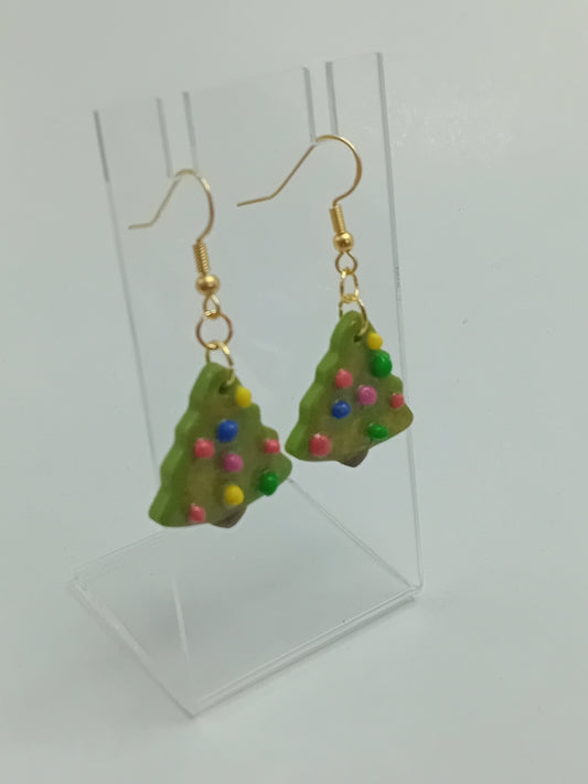 Christmas tree holiday polymer clay earrings (gold or silver dangles)