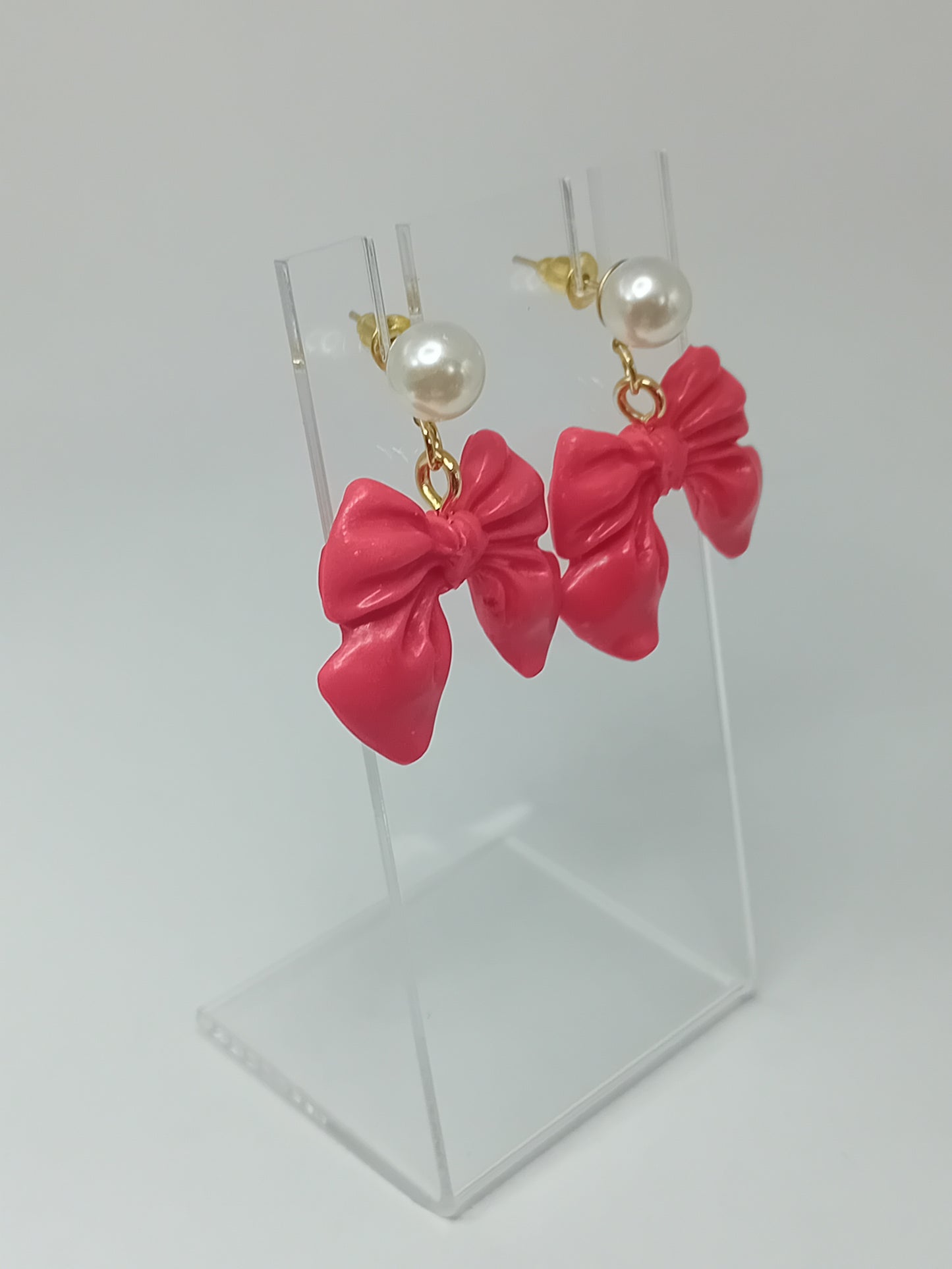 Christmas holiday red polymer clay bows with pearl stud (gold)