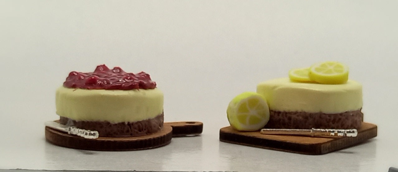 1:12 scale Full unsliced Cheesecake: Lemon or Berry on a display board