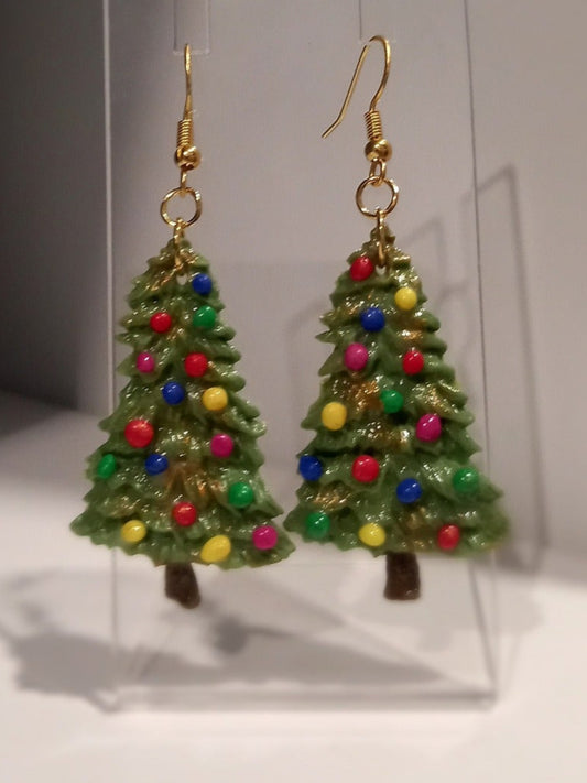 Lightweight premier Christmas Tree polymer clay earrings with gold dangle fixings, hypoallergenic.